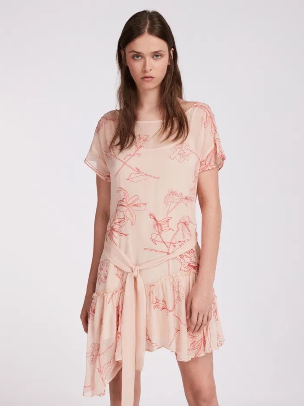 AllSaints Blush Pink Floral Tie-Waist Mini Dress